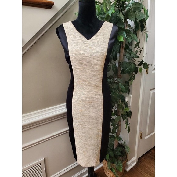 Chancelle Women's Black & Beige Polyester V-Neck Sleeveless Knee Length Dress 10 - Picture 1 of 11